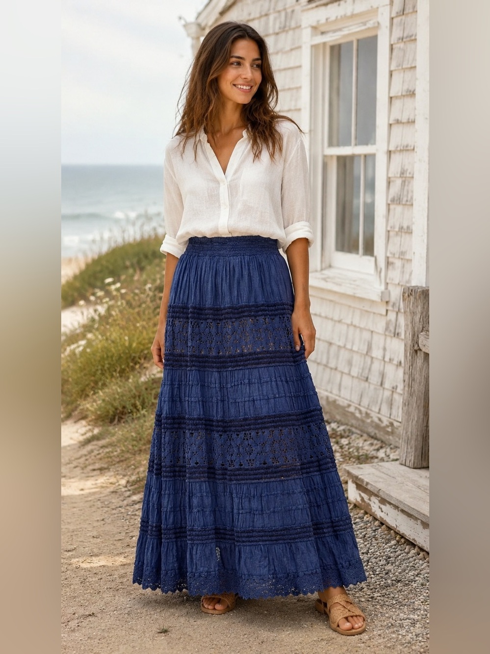 Indigo Blue Boho Maxi Skirt Embroidered Lace Coastal Cottage sz large lagenlook